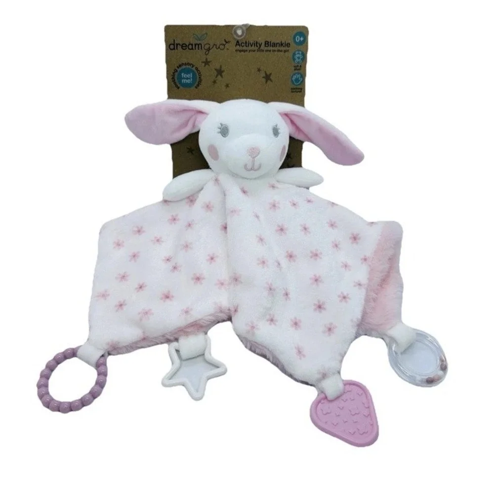 Dreamgro Pink Bunny Activity Blankie Lovey Plush Security Blanket 14